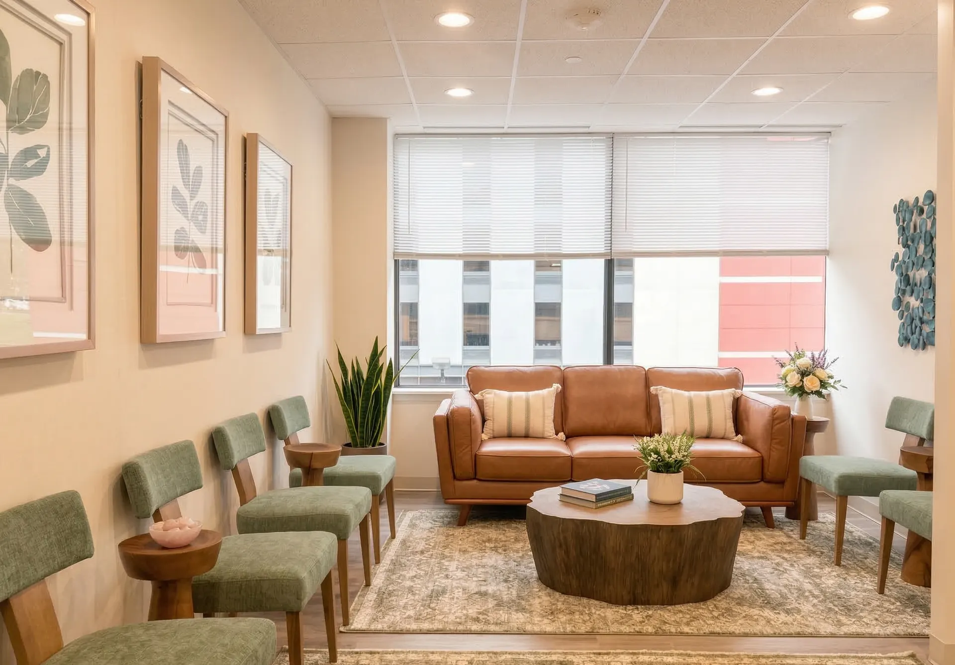 Clinic lounge with leather couch and natural light